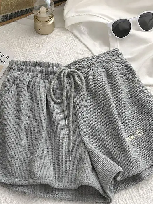 Women Waffle Shorts Grey Loose High Waist Summer Wear - Image 8