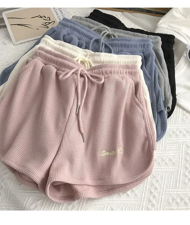Women Waffle Shorts Grey Loose High Waist Summer Wear — feature 10
