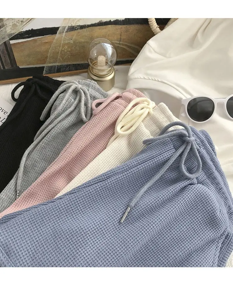 Women Waffle Shorts Grey Loose High Waist Summer Wear — feature 12