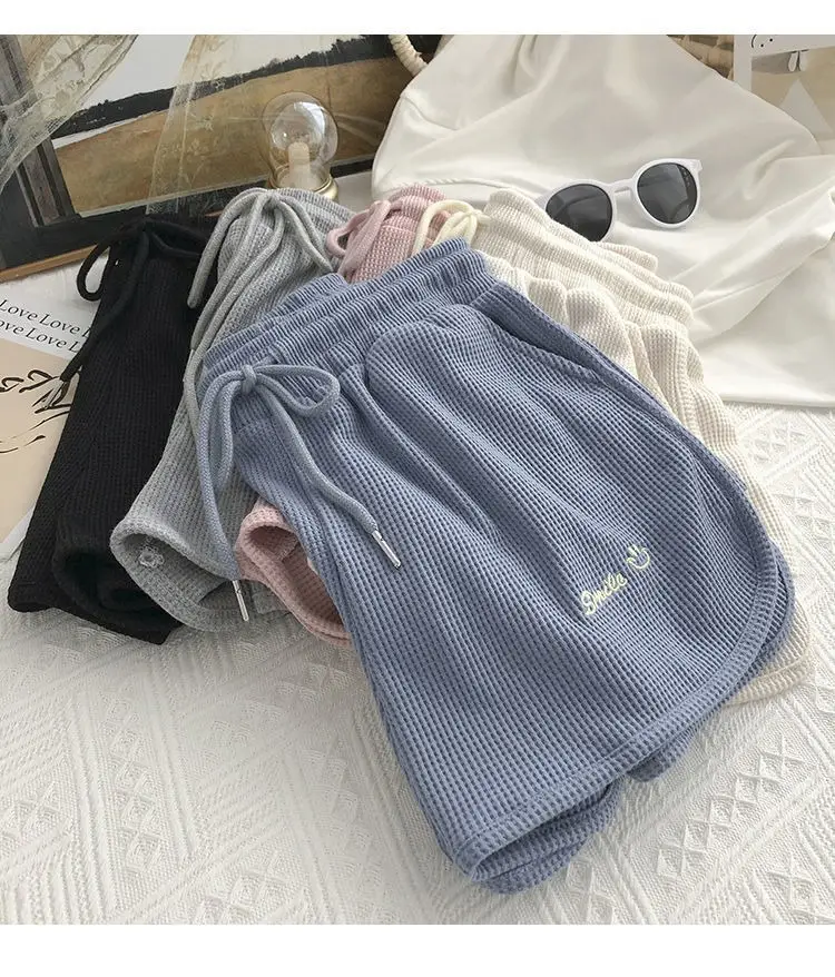 Women Waffle Shorts Grey Loose High Waist Summer Wear — feature 13
