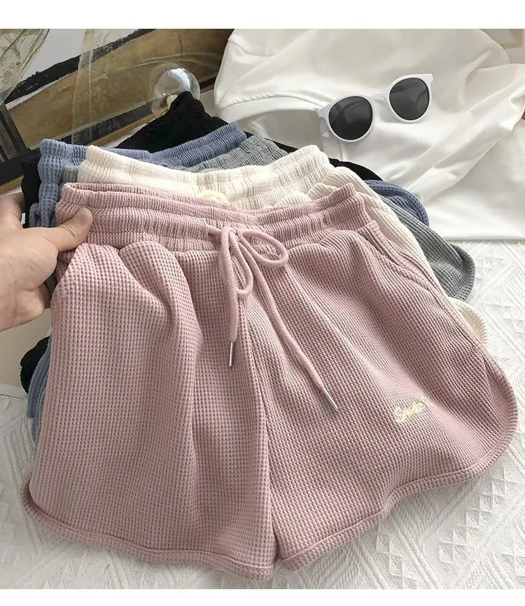 Women Waffle Shorts Grey Loose High Waist Summer Wear — feature 16
