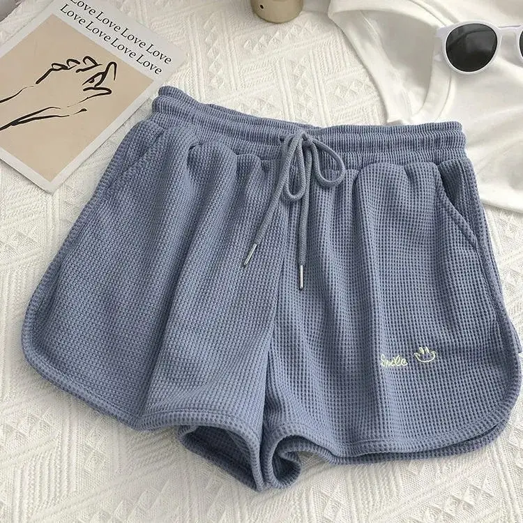 Women Waffle Shorts Grey Loose High Waist Summer Wear — feature 2