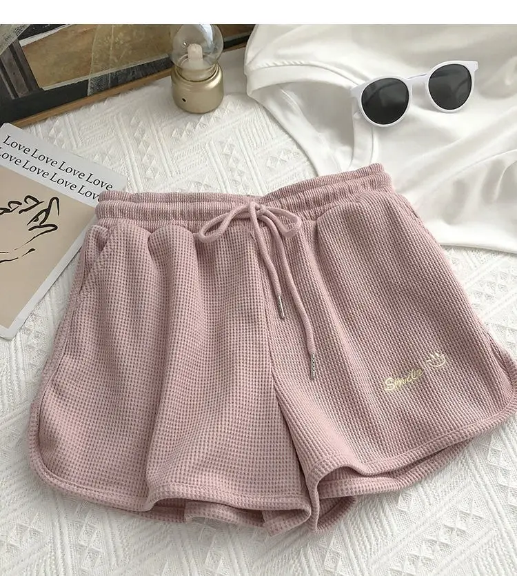 Women Waffle Shorts Grey Loose High Waist Summer Wear — feature 24