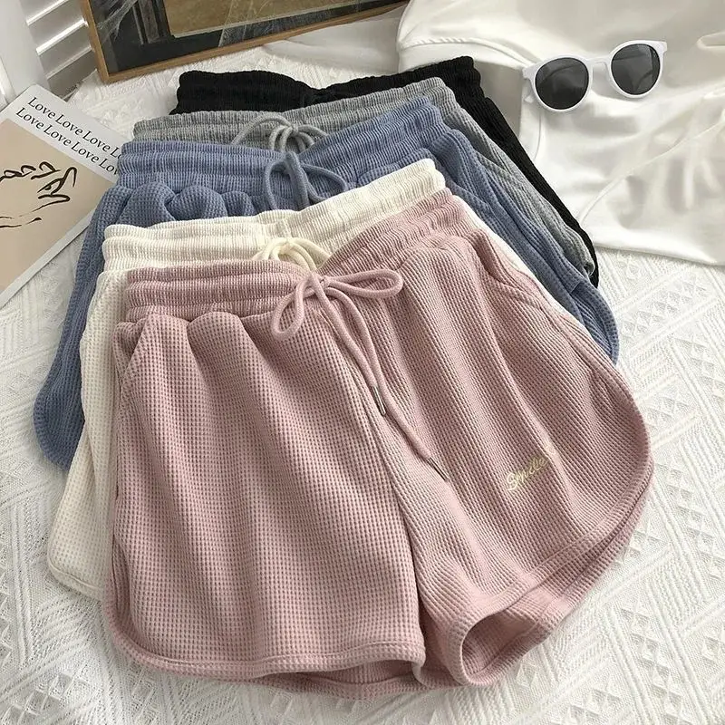Women Waffle Shorts Grey Loose High Waist Summer Wear — feature 3