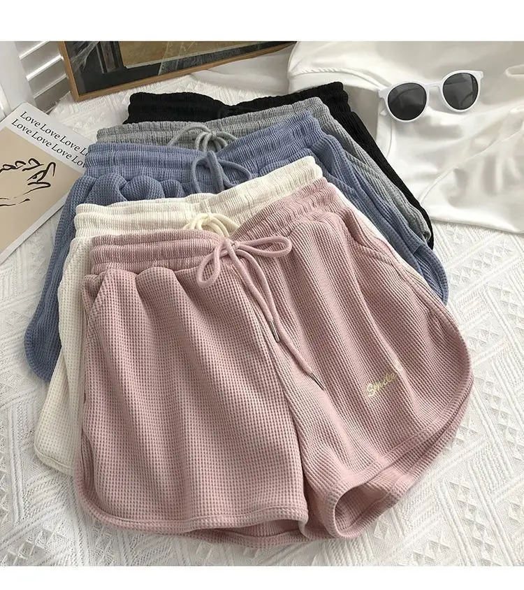 Women Waffle Shorts Grey Loose High Waist Summer Wear — feature 8