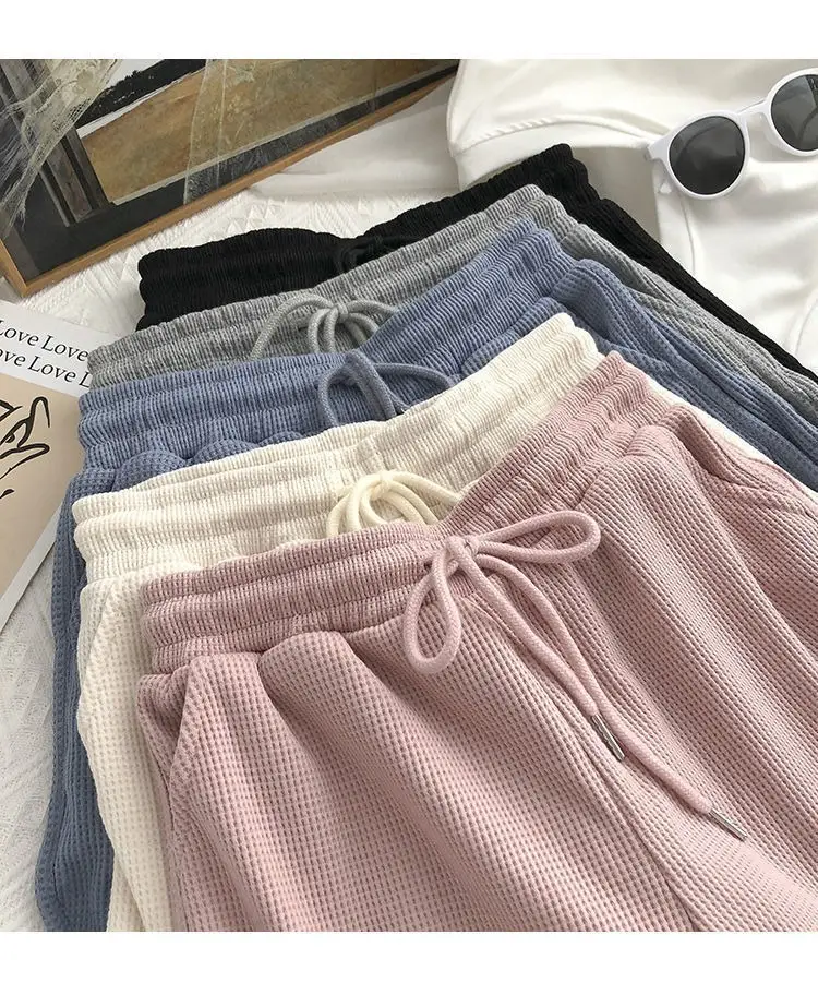 Women Waffle Shorts Grey Loose High Waist Summer Wear — feature 9