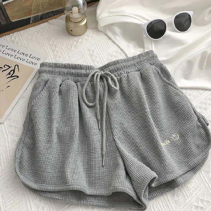 Women Waffle Shorts Grey Loose High Waist Summer Wear - Image 2