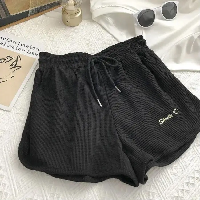 Women Waffle Shorts Grey Loose High Waist Summer Wear - Image 3
