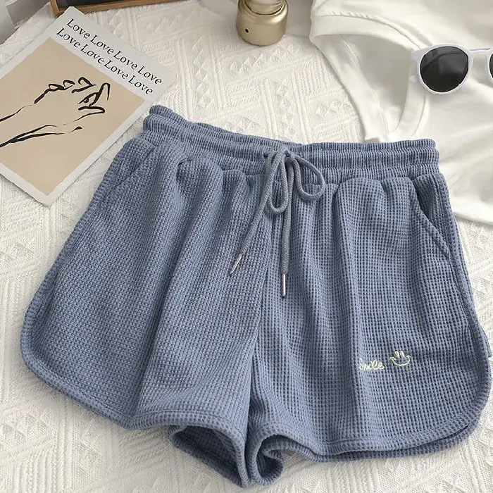 Women Waffle Shorts Grey Loose High Waist Summer Wear - Image 4