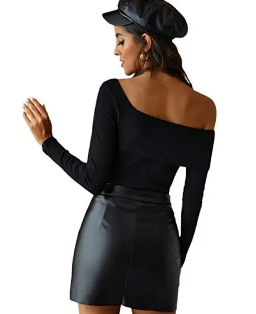 Maroon PU Leather Hip Skirt with Front Split — feature 12