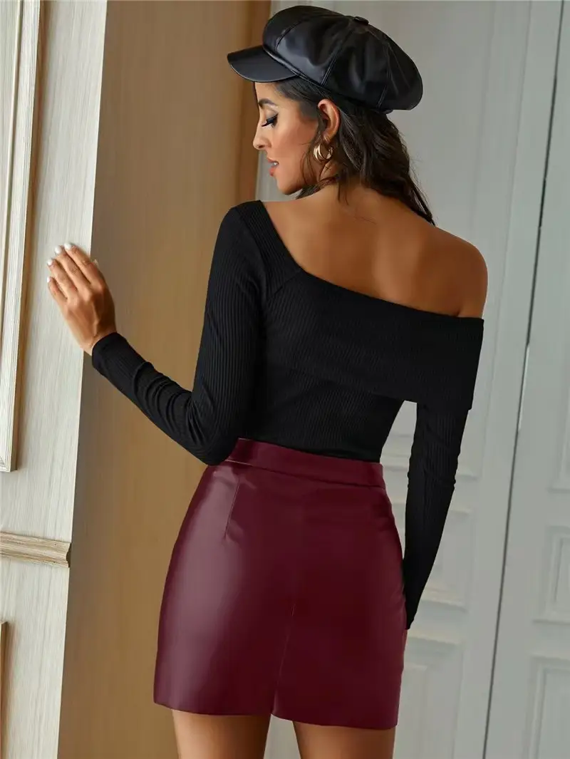 Maroon PU Leather Hip Skirt with Front Split — feature 9