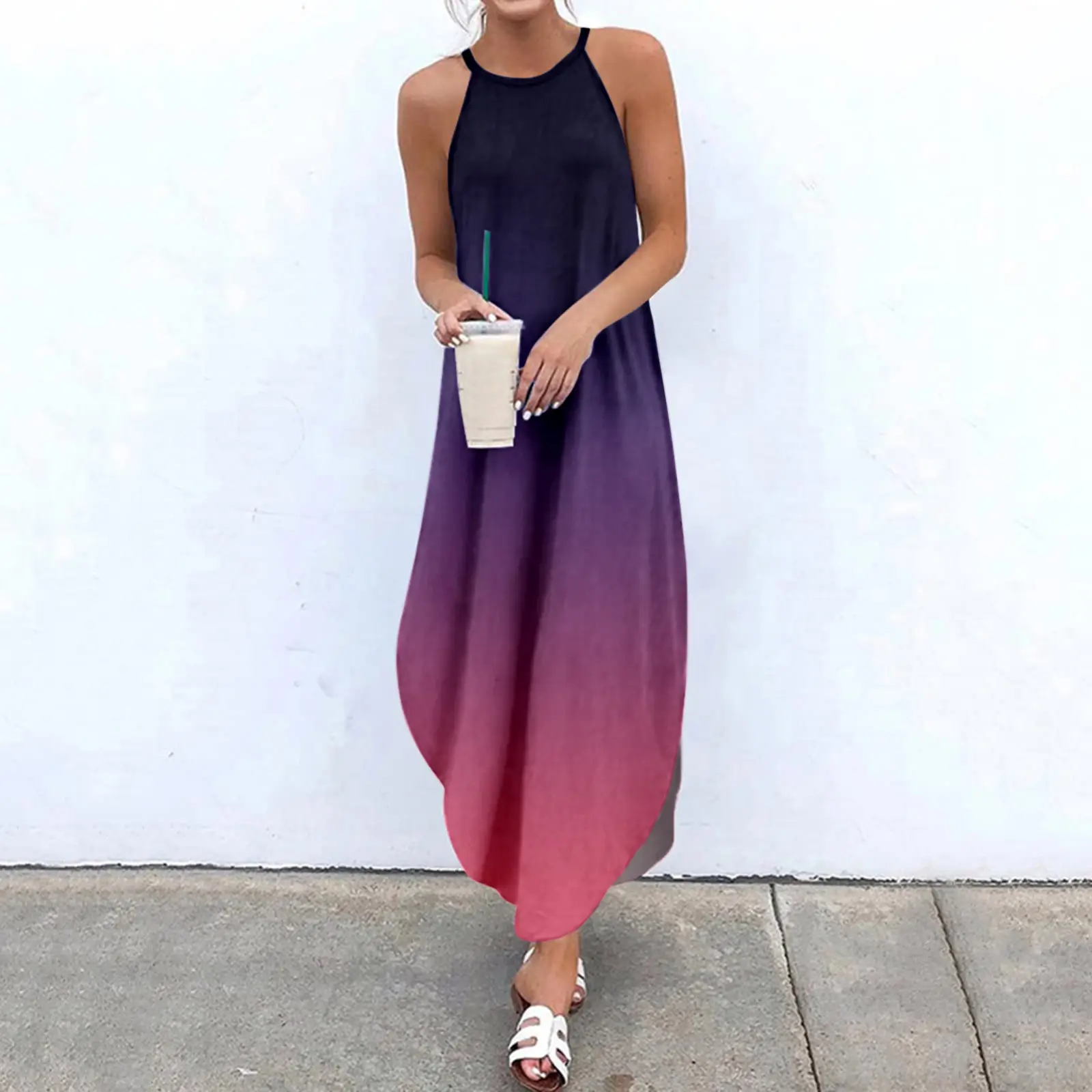 2023 New Women's Slit Dress Purple Gradient