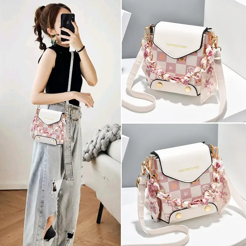 Women Mini Crossbody Phone Bag Brown Gold Chain