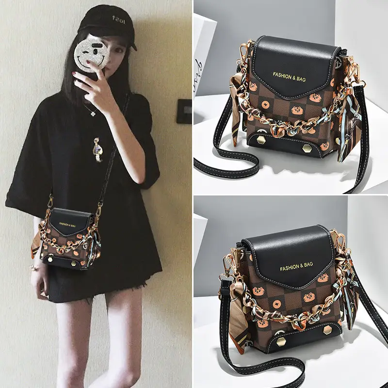 Women Mini Crossbody Phone Bag Brown Gold Chain