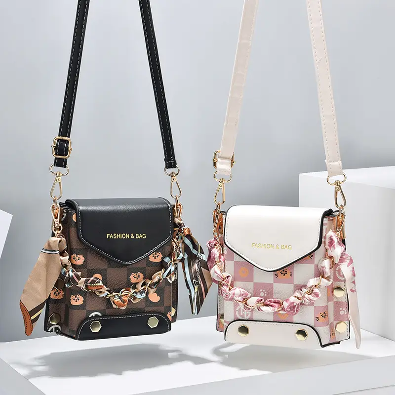 Women Mini Crossbody Phone Bag Brown Gold Chain