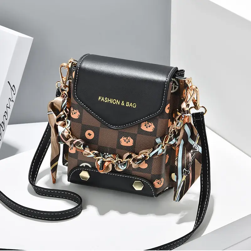 Women Mini Crossbody Phone Bag Brown Gold Chain