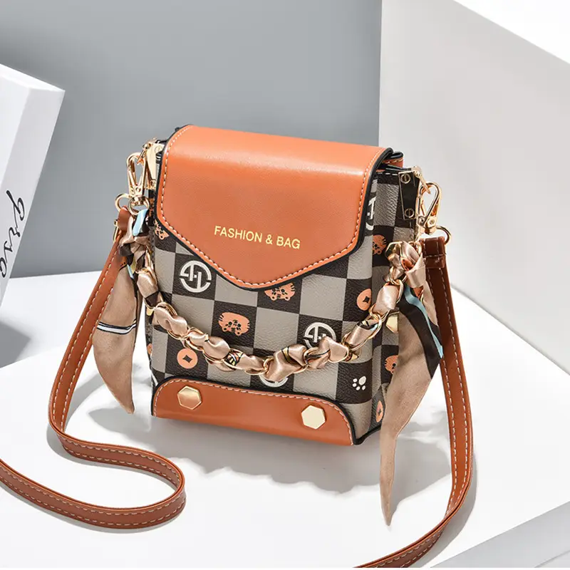 Women Mini Crossbody Phone Bag Brown Gold Chain