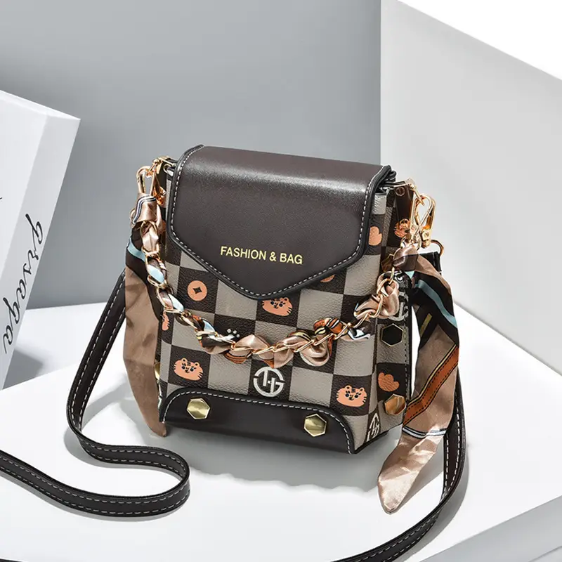 Women Mini Crossbody Phone Bag Brown Gold Chain
