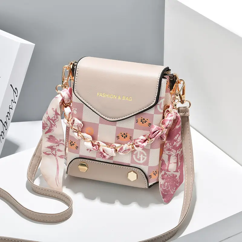 Women Mini Crossbody Phone Bag Brown Gold Chain