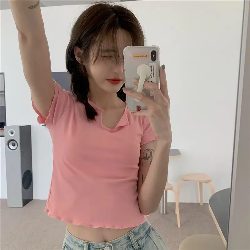 Women Pink V-Neck Short Sleeve T-Shirt 2025 - Image 6