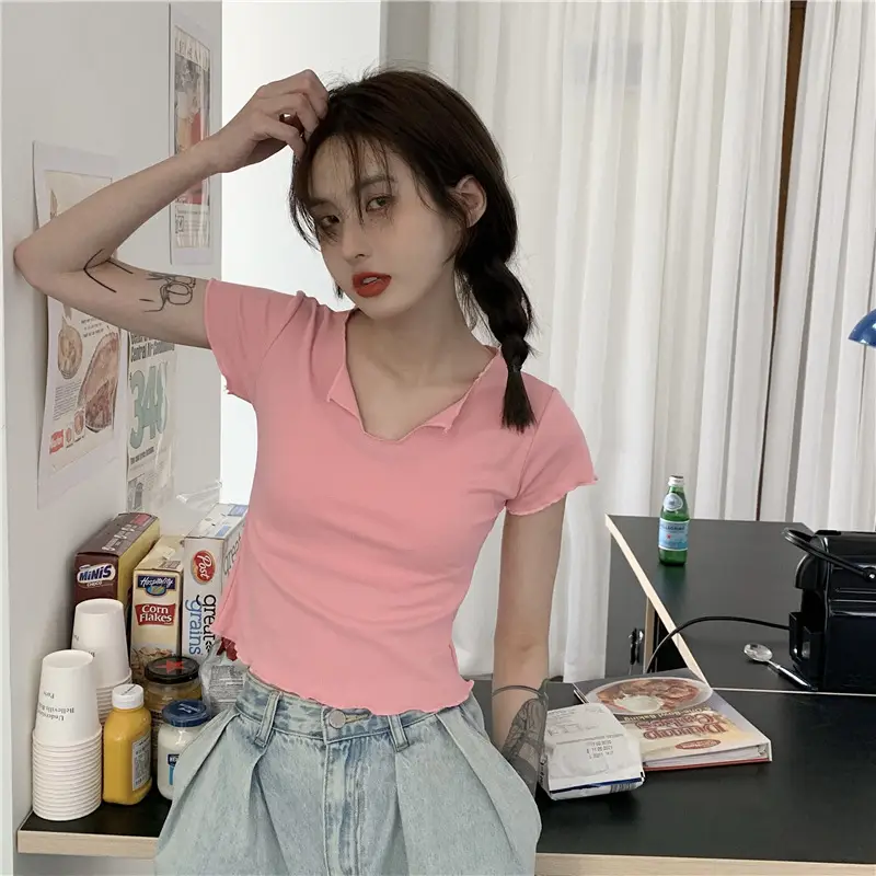 Women Pink V-Neck Short Sleeve T-Shirt 2025 — feature 13