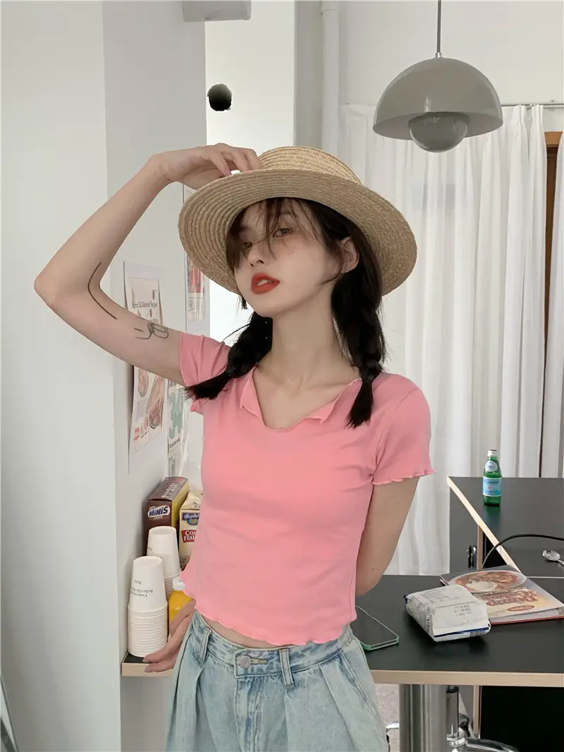 Women Pink V-Neck Short Sleeve T-Shirt 2025 — feature 14