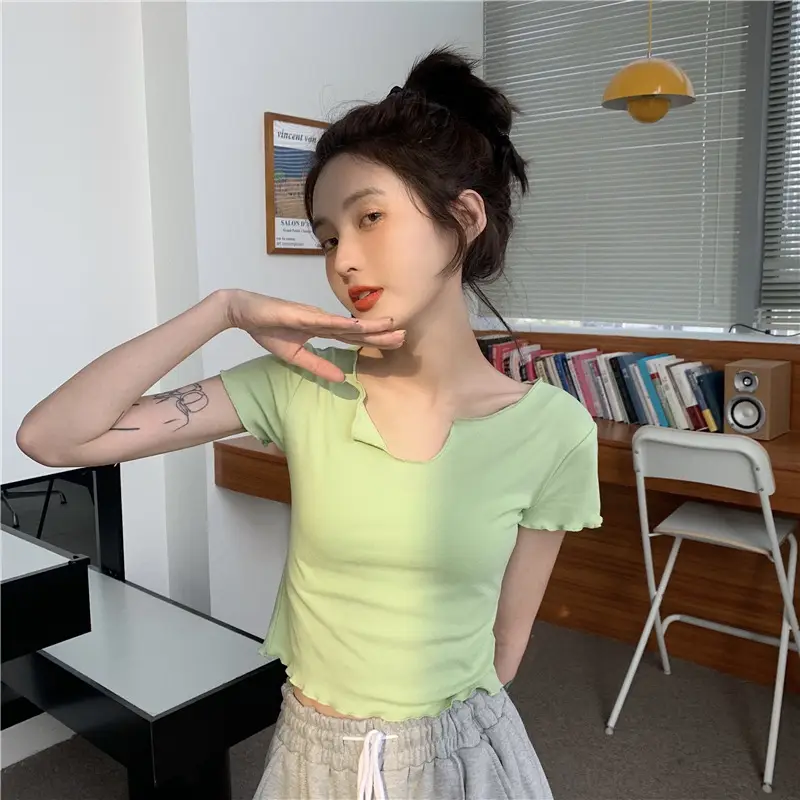 Women Pink V-Neck Short Sleeve T-Shirt 2025 — feature 4