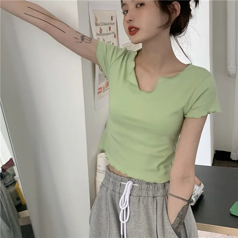 Women Pink V-Neck Short Sleeve T-Shirt 2025 — feature 6
