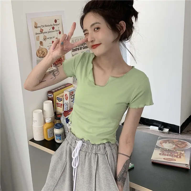 Women Pink V-Neck Short Sleeve T-Shirt 2025 — feature 7