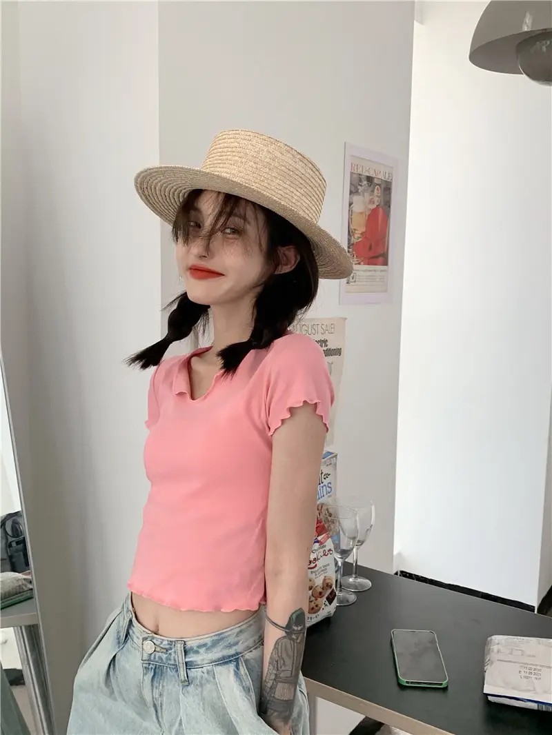 Women Pink V-Neck Short Sleeve T-Shirt 2025 — feature 9