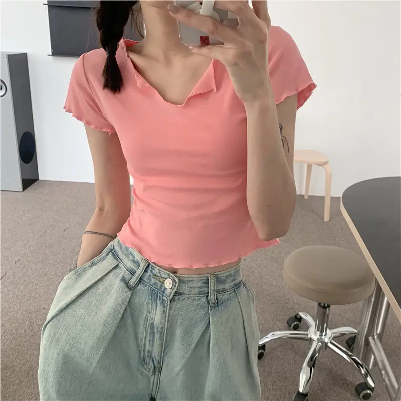 Women Pink V-Neck Short Sleeve T-Shirt 2025 - Image 2