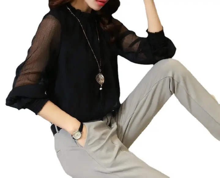 New Chiffon Shirt with Small Collar & Ruffled Bottom - Image 5