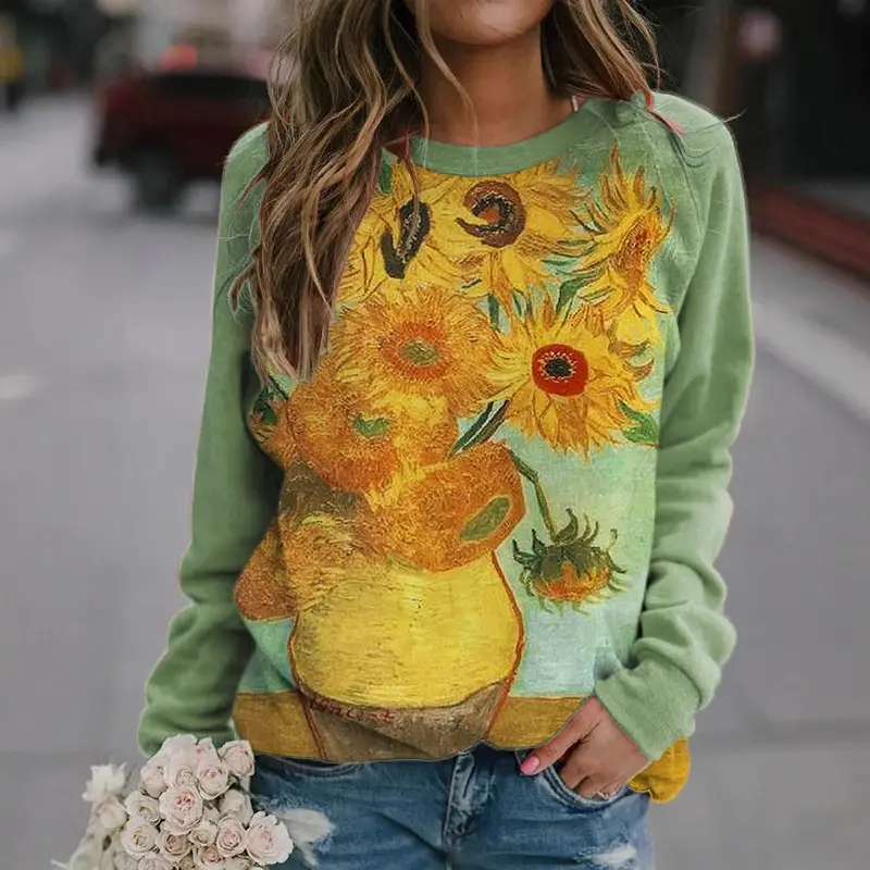 3D Printed Raglan Sleeve T-Shirt Green Blue Floral Women