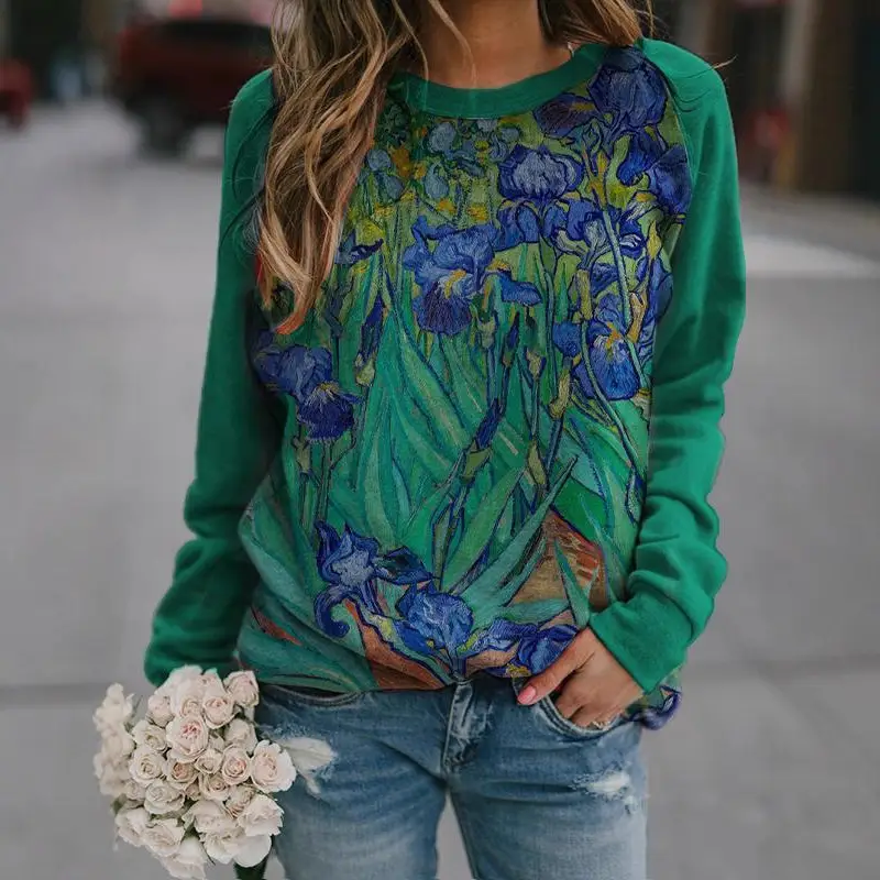 3D Printed Raglan Sleeve T-Shirt Green Blue Floral Women