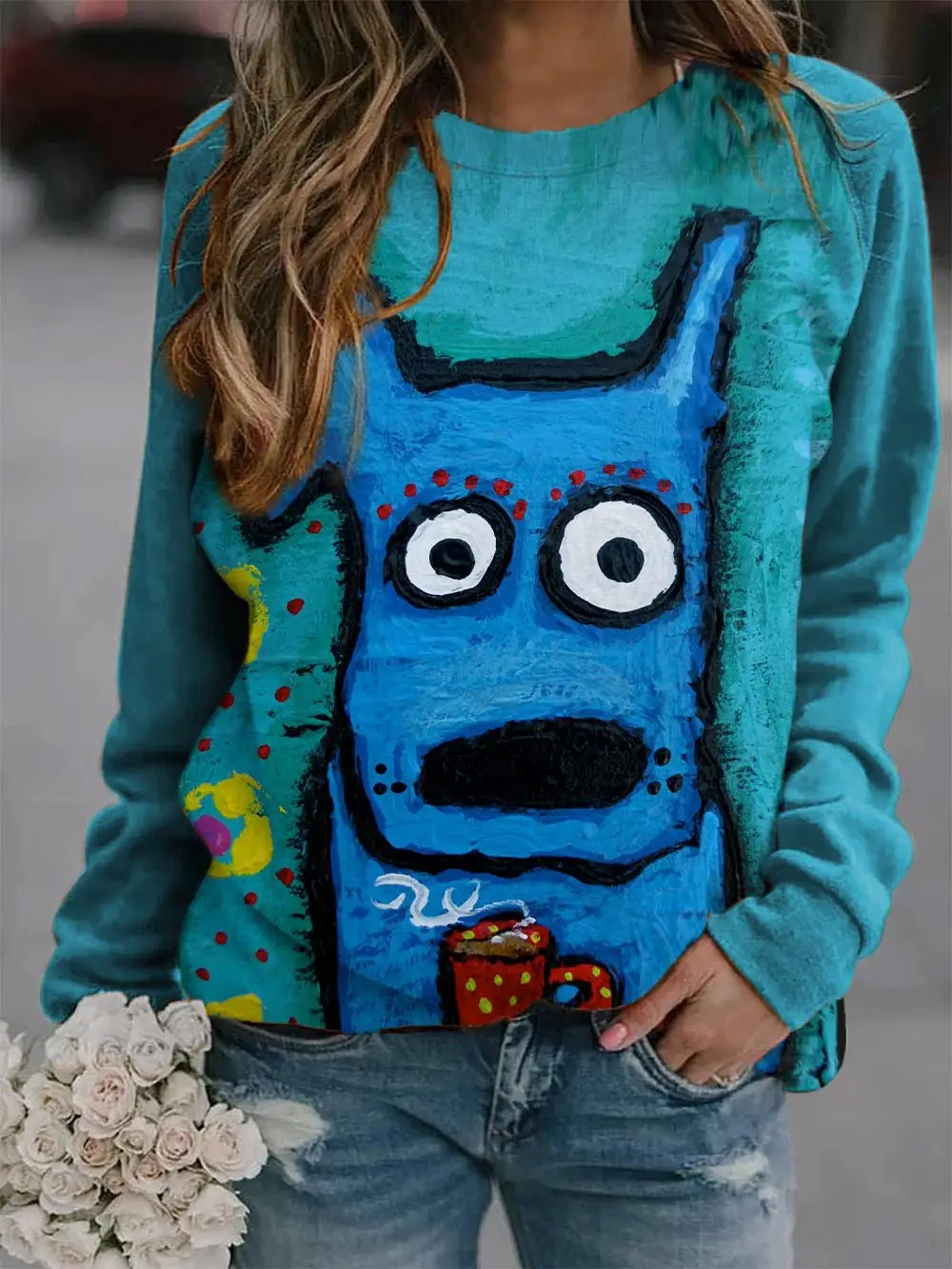 3D Printed Raglan Sleeve T-Shirt Green Blue Floral Women