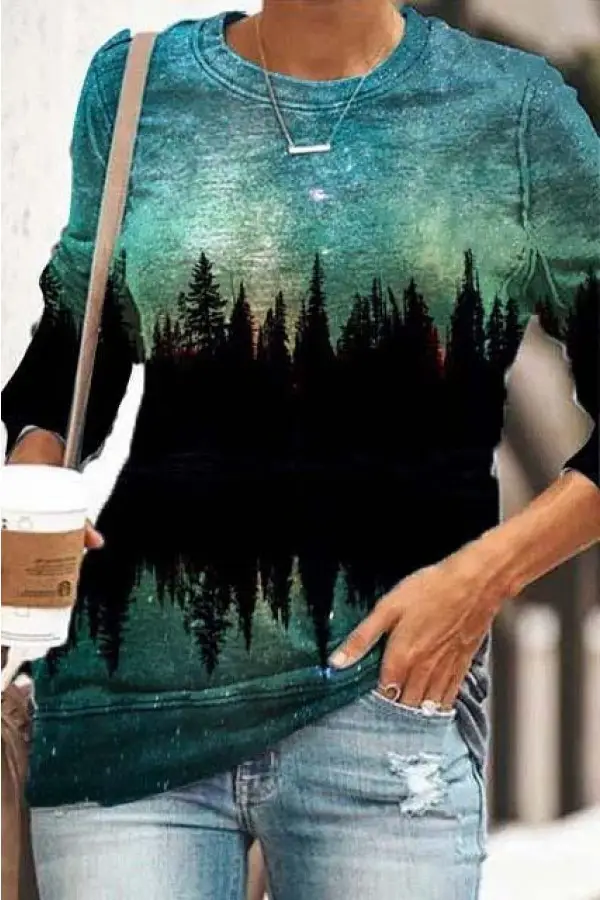 3D Printed Raglan Sleeve T-Shirt Green Blue Floral Women