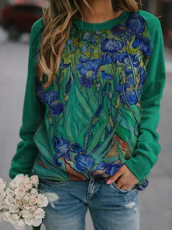 3D Printed Raglan Sleeve T-Shirt Green Blue Floral Women