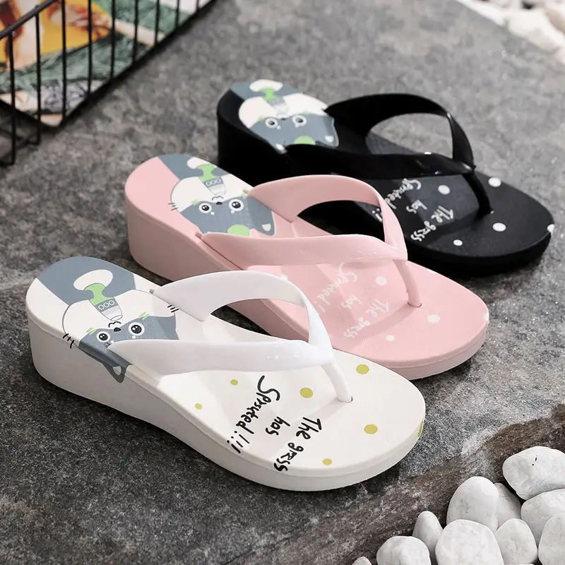 Women's Black Plastic Wedge Flip Flops Summer Beach