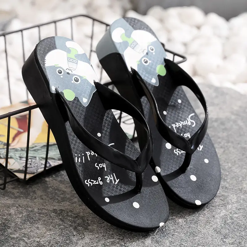 Women's Black Plastic Wedge Flip Flops Summer Beach