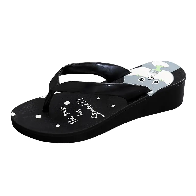 Women's Black Plastic Wedge Flip Flops Summer Beach