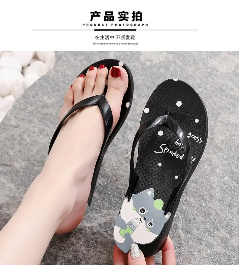 Women's Black Plastic Wedge Flip Flops Summer Beach — feature 10