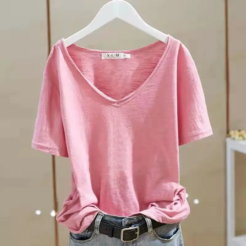 Women Green V Neck T-Shirt 2024 Summer Bamboo Cotton - Image 2