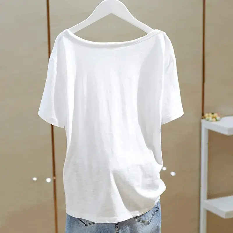 Women Green V Neck T-Shirt 2024 Summer Bamboo Cotton - Image 4