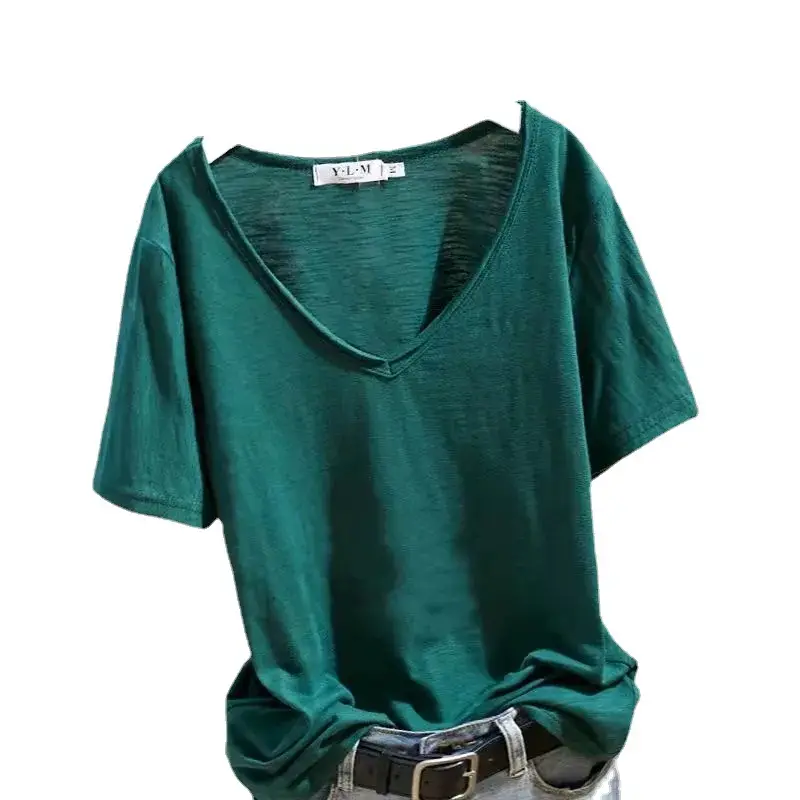 Women Green V Neck T-Shirt 2024 Summer Bamboo Cotton - Image 5