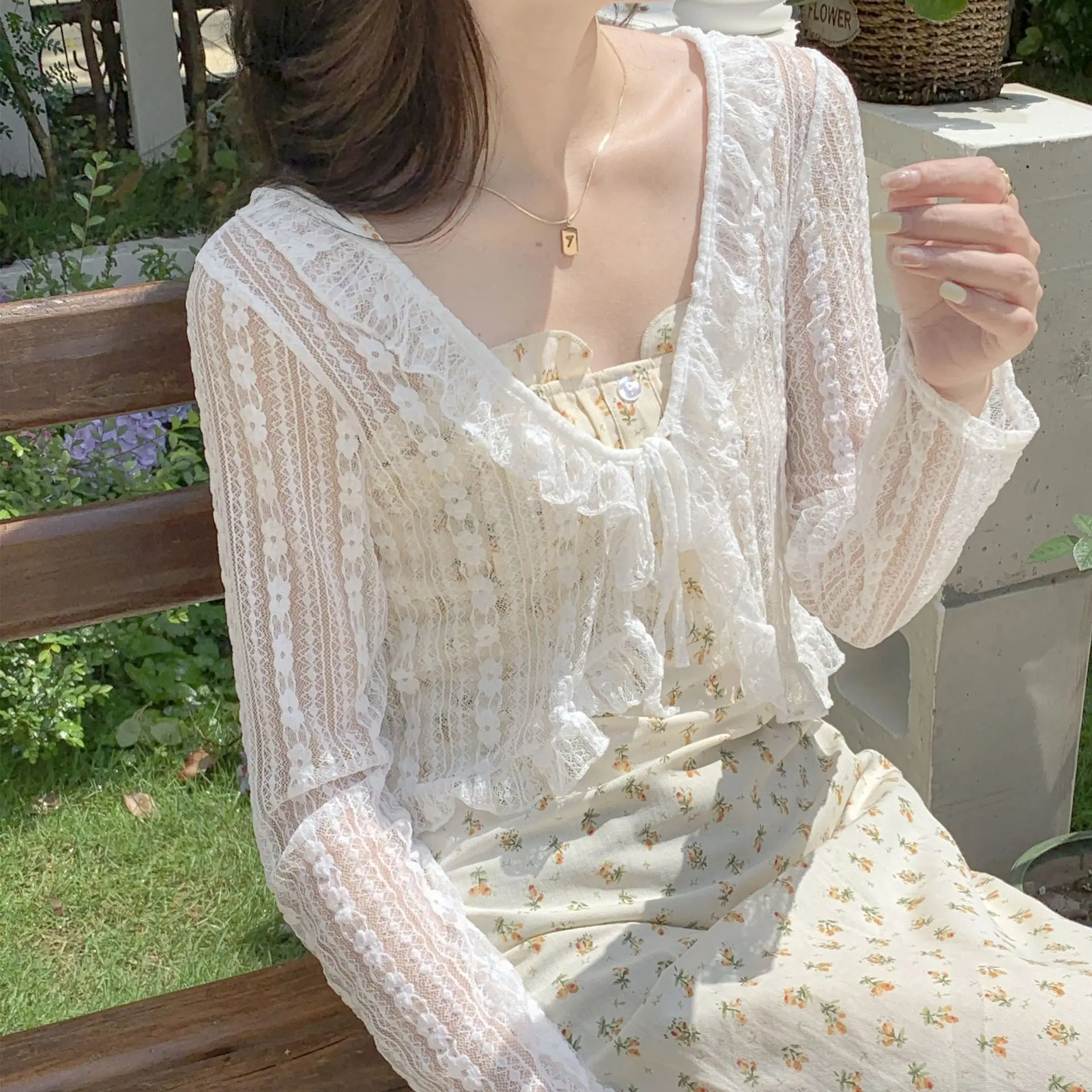 Women's White Lace Cardigan Sun Protection Shawl Skirt Set - Image 7