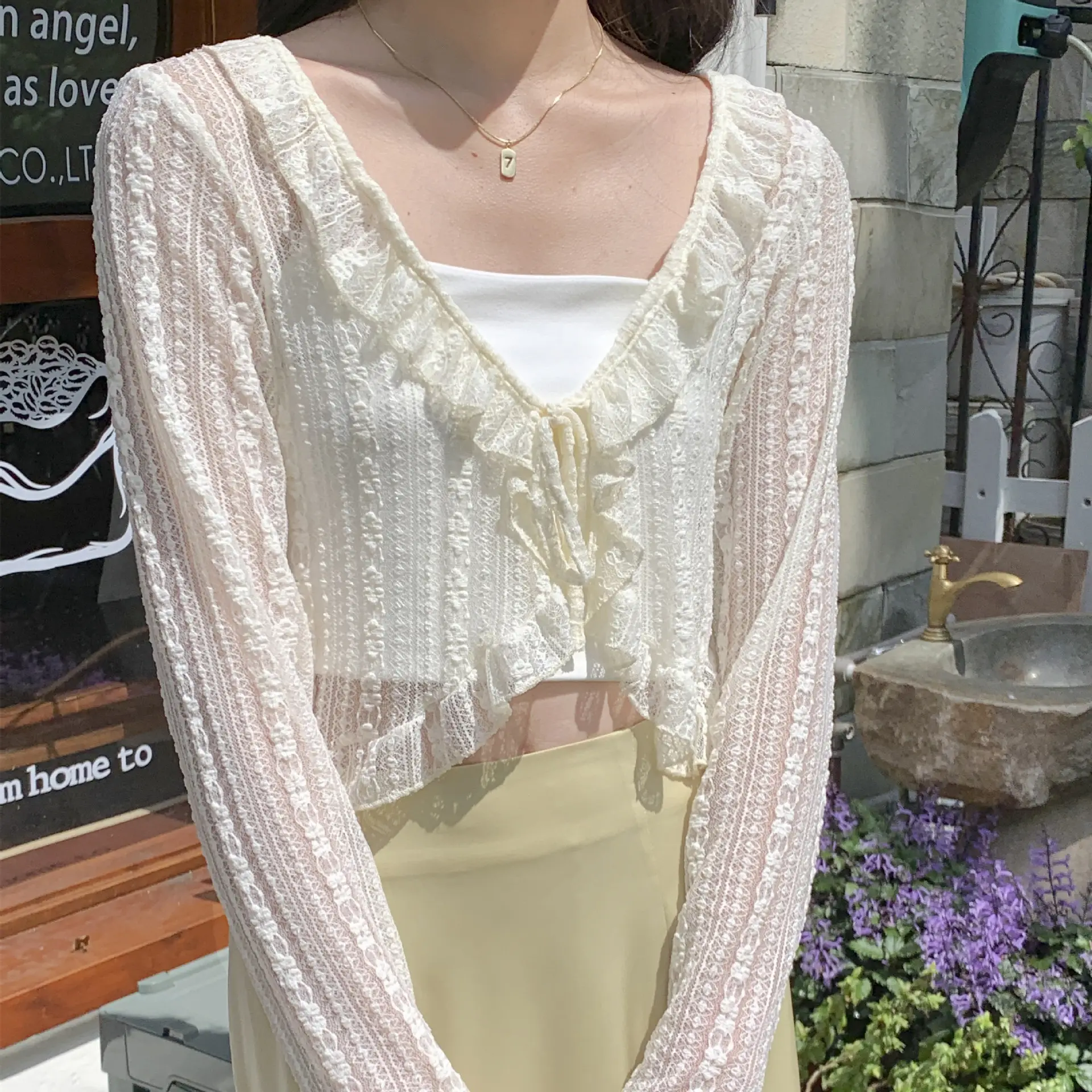Women's White Lace Cardigan Sun Protection Shawl Skirt Set - Image 8