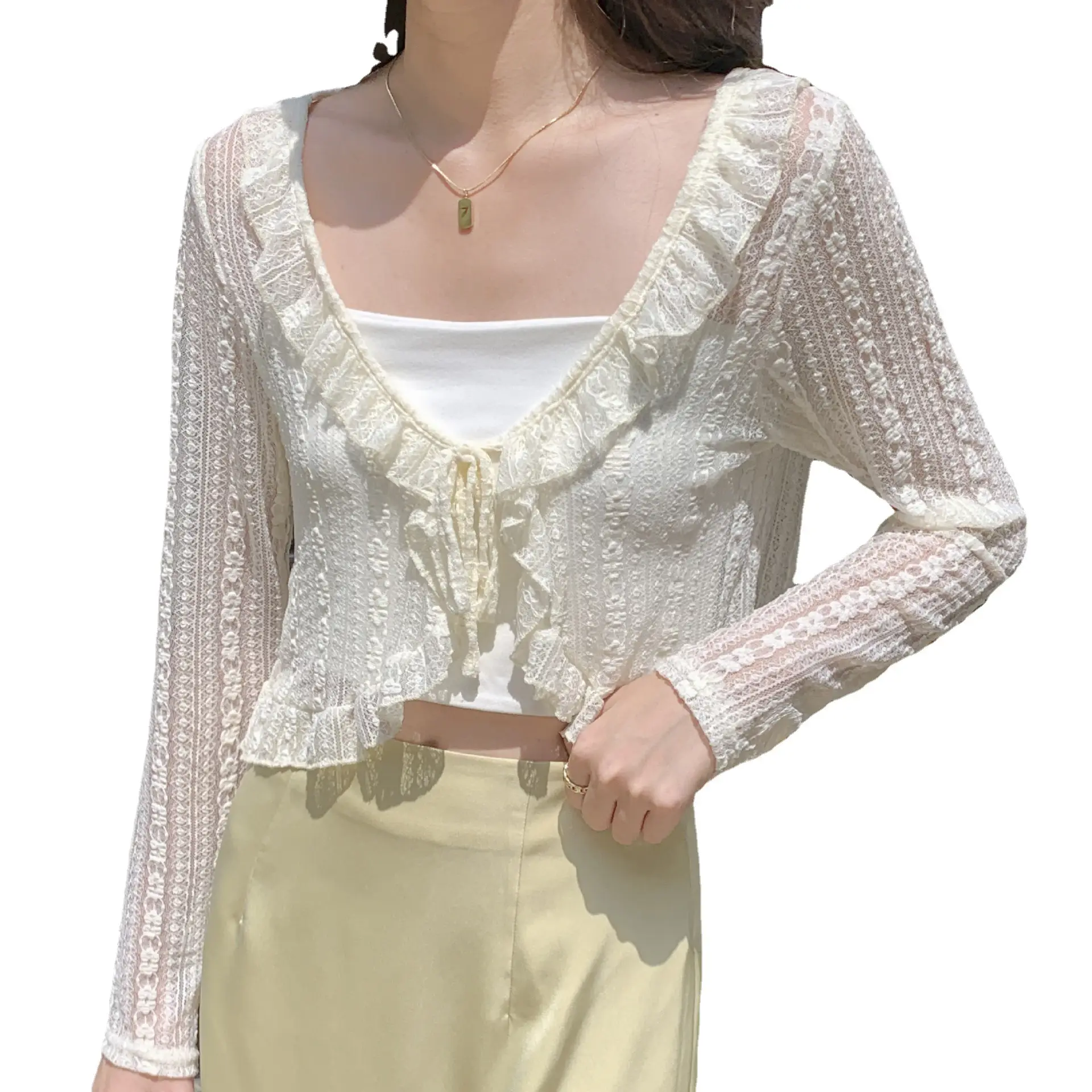 Women's White Lace Cardigan Sun Protection Shawl Skirt Set - Image 9