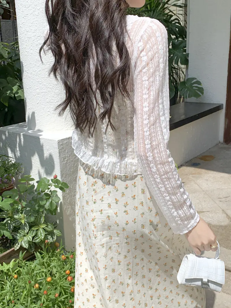 Women's White Lace Cardigan Sun Protection Shawl Skirt Set — feature 10