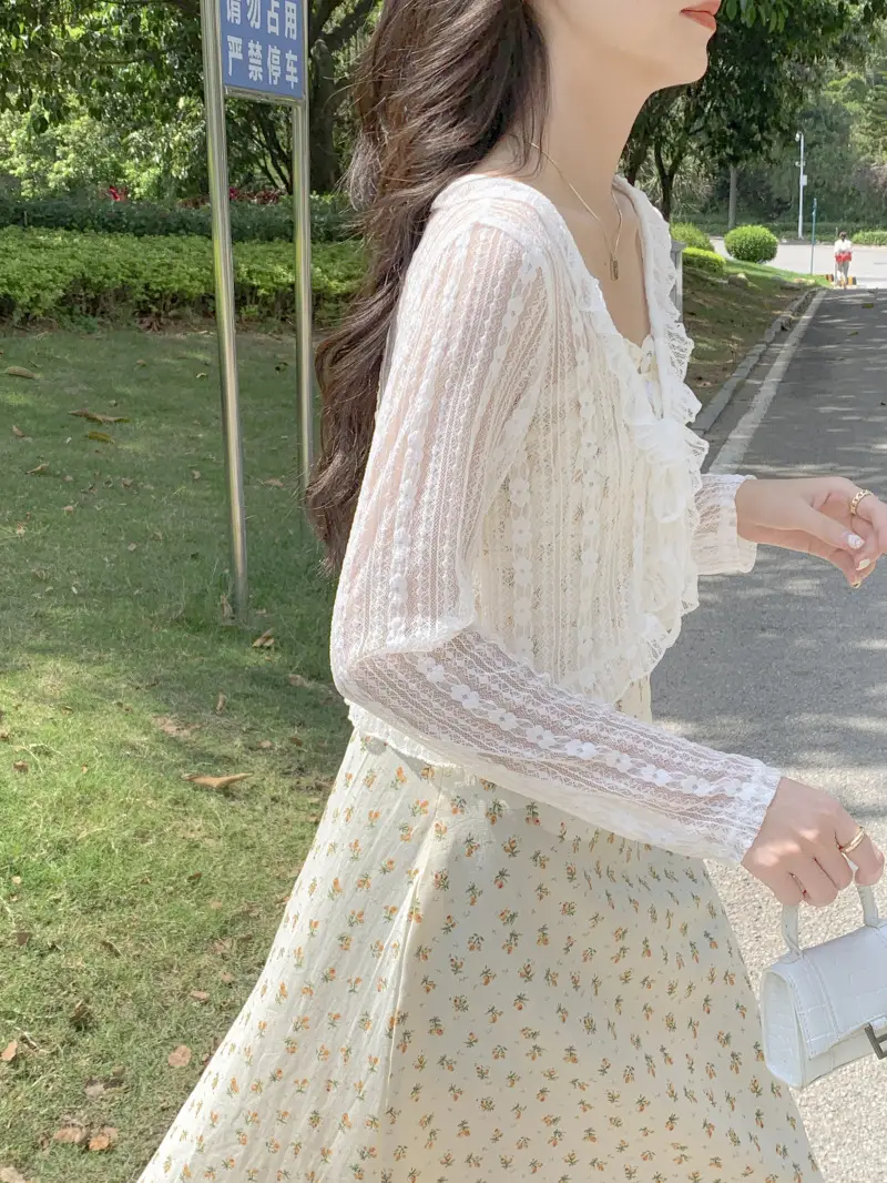 Women's White Lace Cardigan Sun Protection Shawl Skirt Set — feature 11