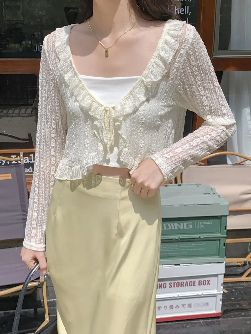 Women's White Lace Cardigan Sun Protection Shawl Skirt Set — feature 13